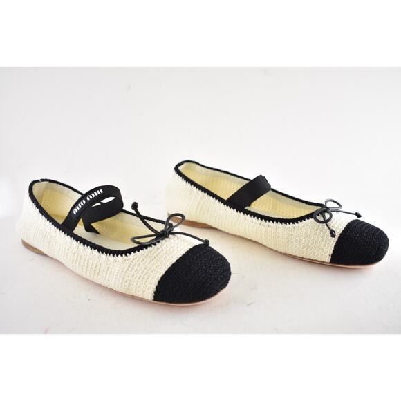 Miu Miu Crochet Knit Black White Bicolor Logo Strap Ballet Ballerina Flats 41.5 - Picture 4 of 16